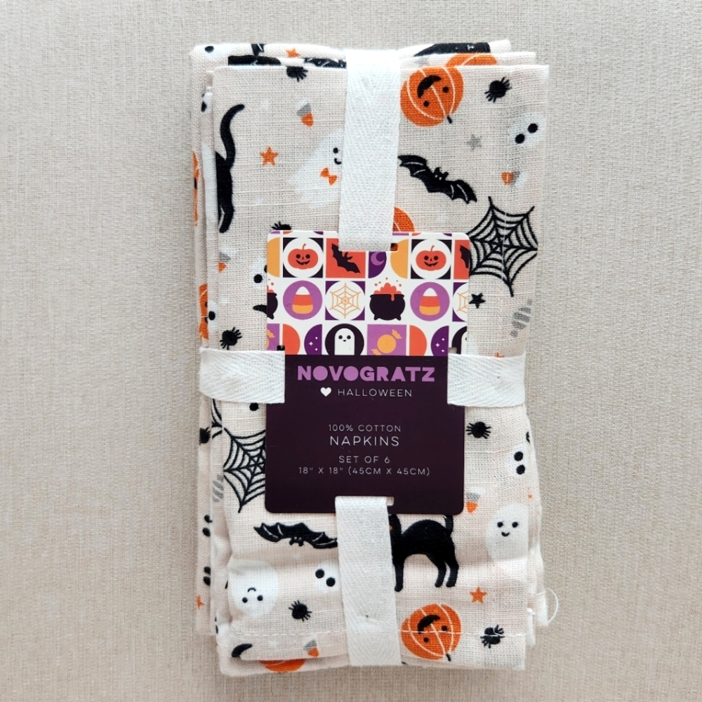 Novogratz Halloween Fabric Napkins - Pumpkins Ghost Black Cats - Set of 6 Napkin